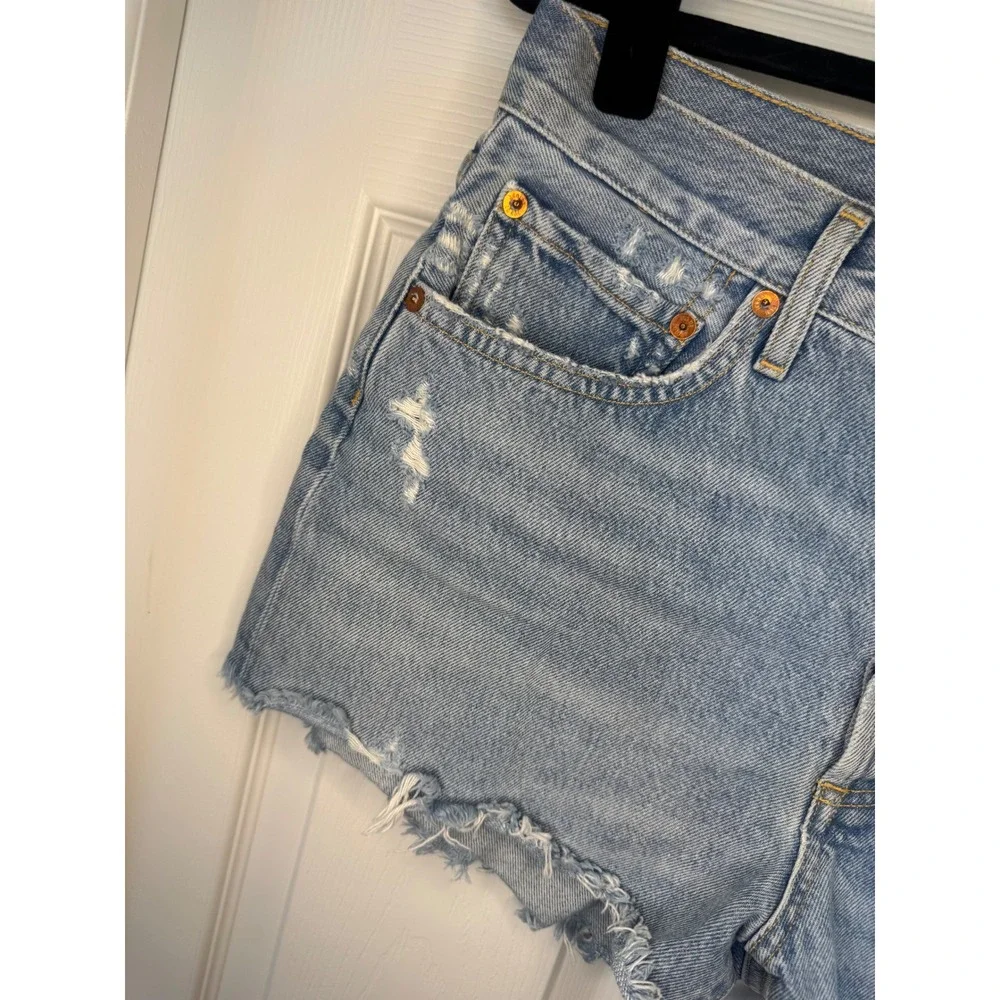AGOLDE Parker High Rise Distressed Denim Shorts Light Wash Blue Size 27